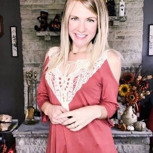 NWT Lace Marsala Top with Cold Shoulder